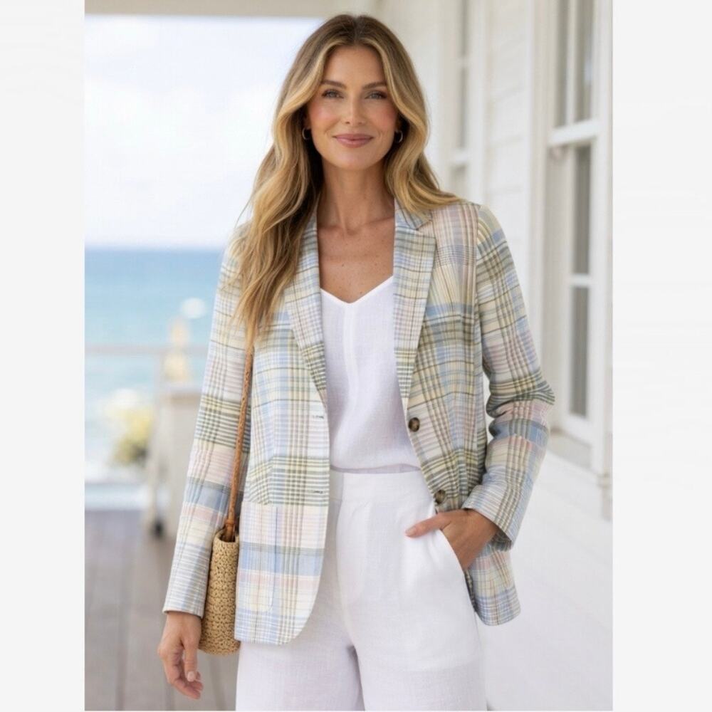 Talbots Linen cotton blend Blazer Pastel Plaid Sz 4 classic chic Coastal Jacket - Picture 1 of 11